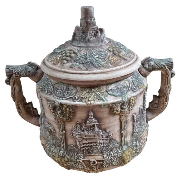 Vintage VTG Large Castle Style Ceramic Cookie Jar Small Chip Inside Lid - Picture 1 of 10